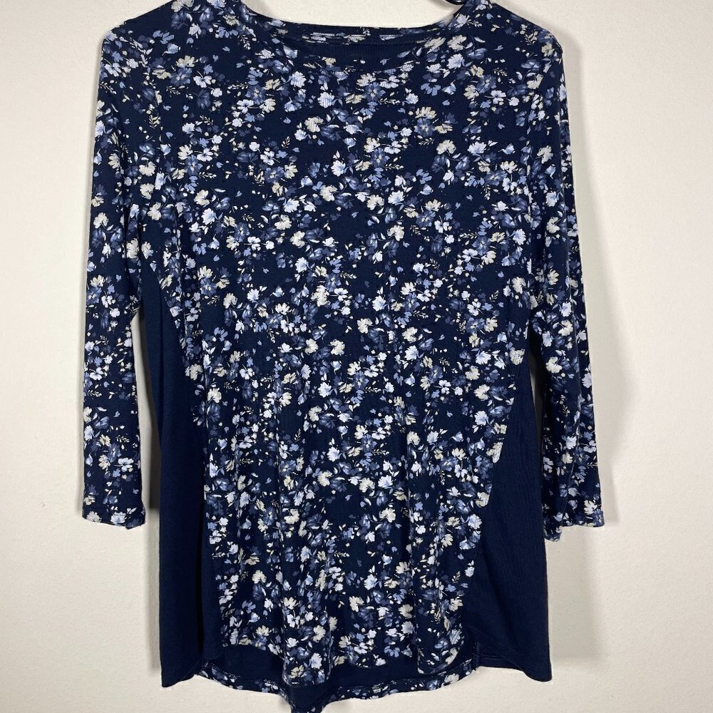 J Jill Women's Navy White Floral 3/4 Sleeve Side Insert Tee Cotton Small